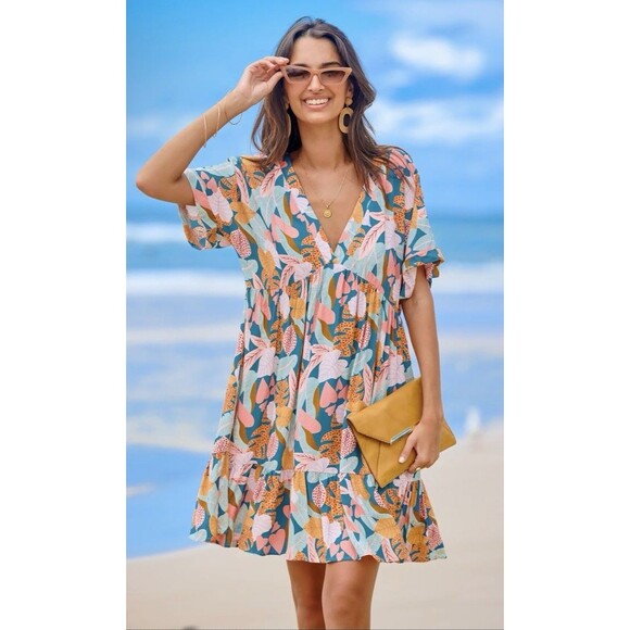 NWT Cupshe Women's M Soft Tropics Short Sleeve Mini Dress Rayon V-Neck Beach - Picture 1 of 9